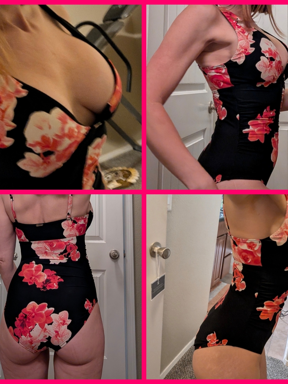 Calvin Klein Black Floral One-Piece Swimsuit with Pink Blossoms